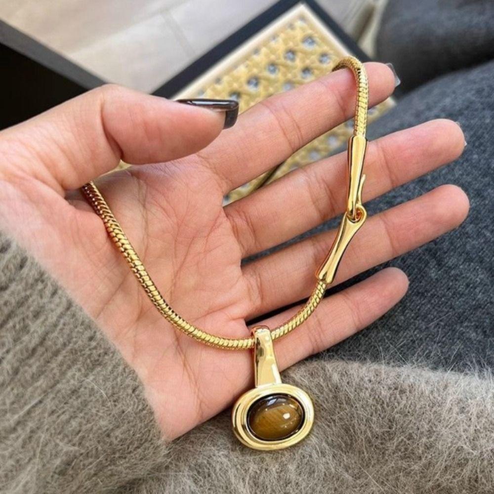 Tiger Eye Stone Pendant Necklace Titanium Steel Women Necklace Sweater Chain  Jewelry Accessories