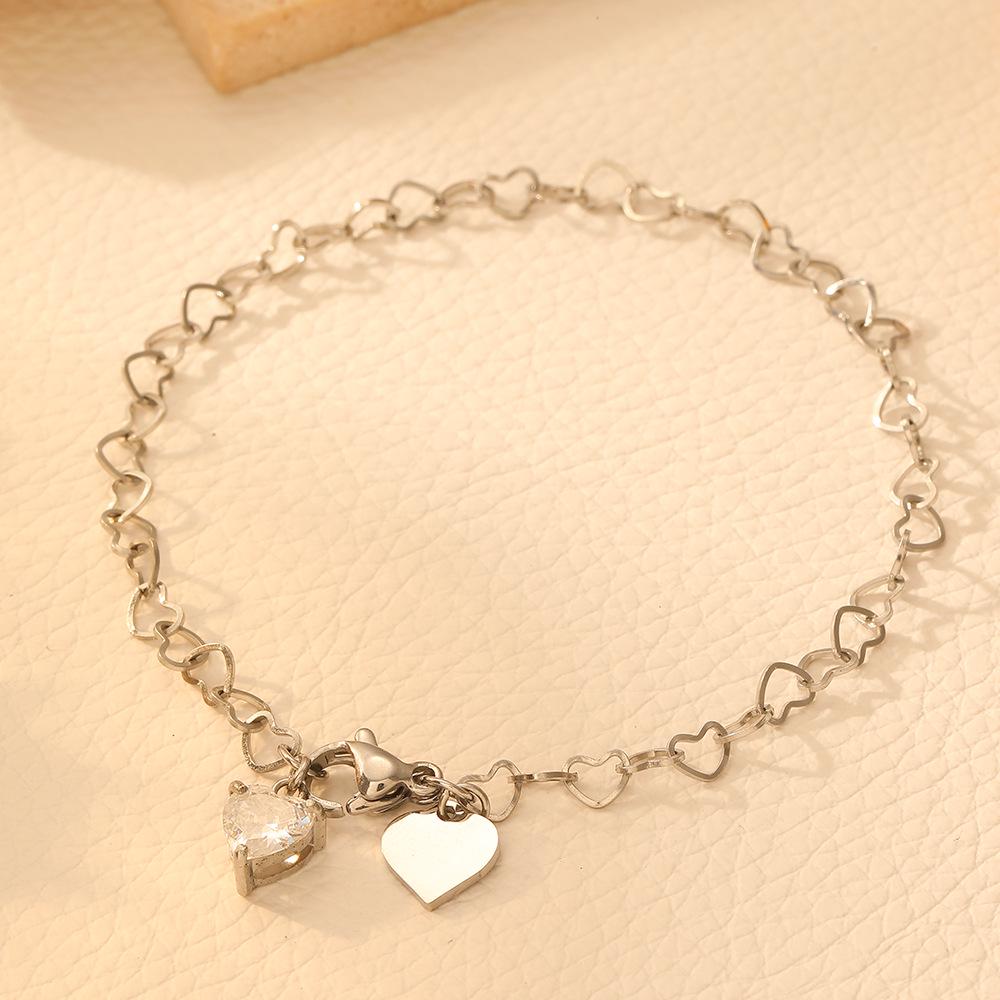 Stainless Steel Heart-Shaped Diamond Bracelet for Women - Elegant, Colorfast Design