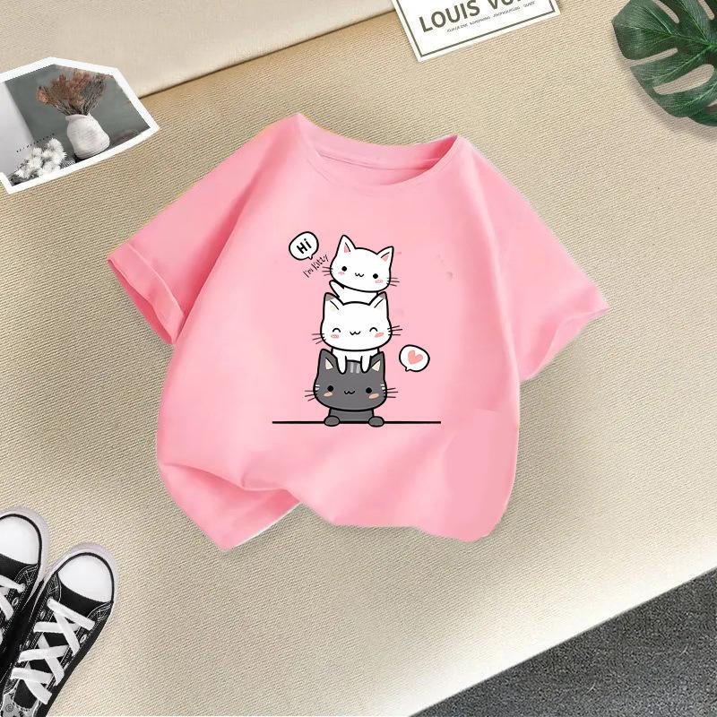 Children T-shirt Cute Cat Printed Kids 100% Cotton Clothes Tops 2-13Y Loose-fit Casual  O-Neck Short-sleeve T-shirt