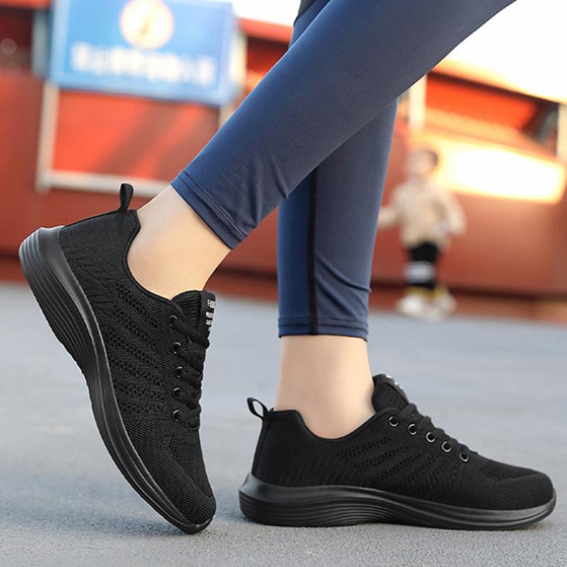 Women'S Shoes Spring New Casual Sneakers Comfortable Mesh Breathable Flying Knitted Sneakers Fashion Student Shoes Pure Black