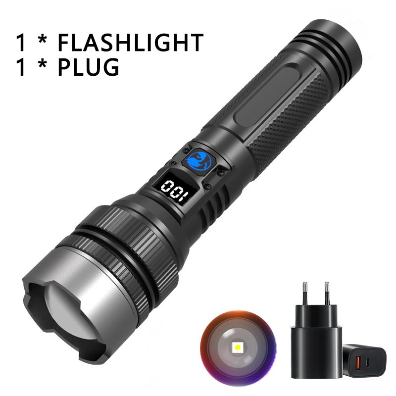 Powerful LED Flashlight Type-c Rechargeable Telescopic Zoom Torch Electric Display High Brightness Waterproof Lighting Torch