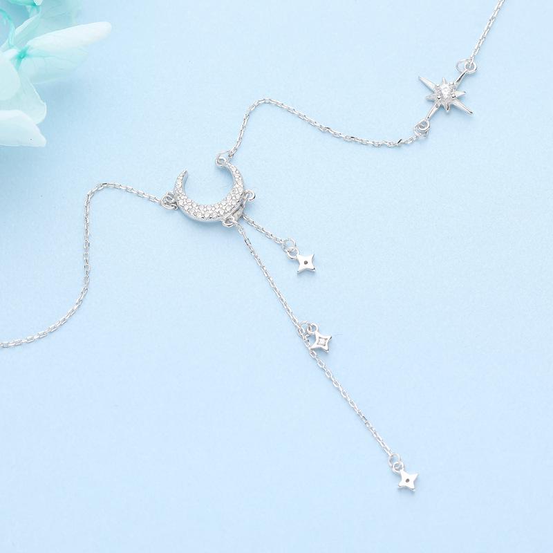 Su Chuang S925 Silver Moon & Star Tassel Necklace: Rhinestone-Inlaid Crescent Collarbone Chain for Women, Light Luxury Design