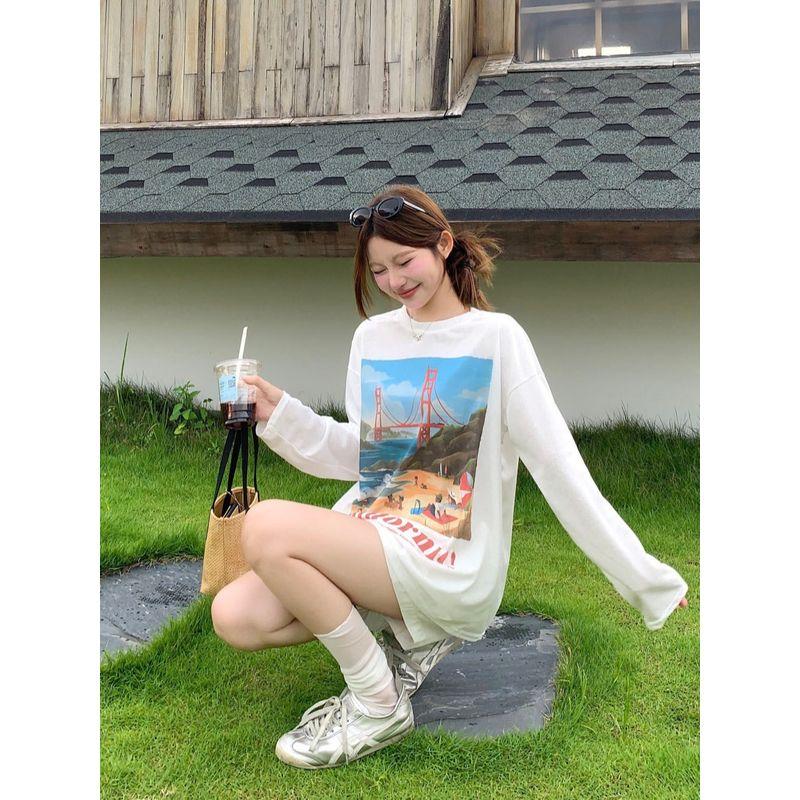 Kumikumi Casual Suit Printed Loose Long Sleeves T-shirt Women Fall White High-Waist Wide Leg Shorts Two-piece Set