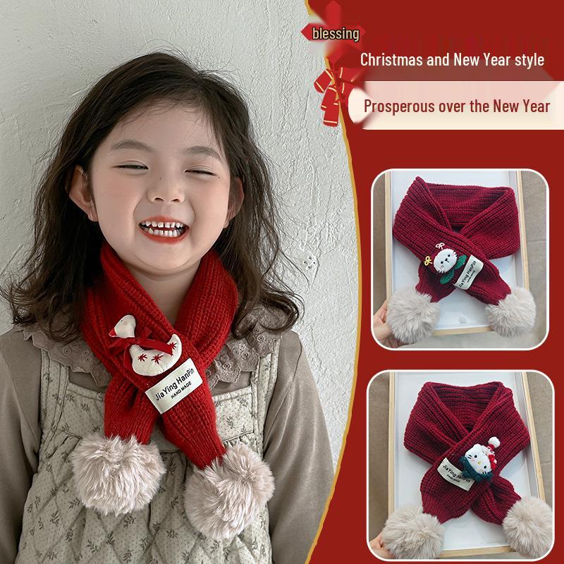 Korean Style Cute Red Knit Scarf for Children - Cozy Autumn/Winter Neck Warmer for Festive Season