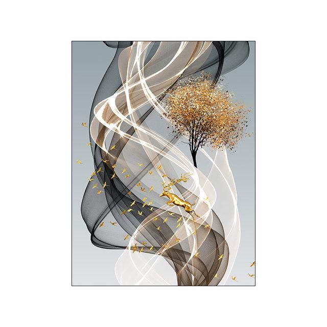 Gold Line Luxury Canvas Painting Nordic Home Decor Wall Art Deer Poster and Print Abstract Minimalist Art for Living Room Design