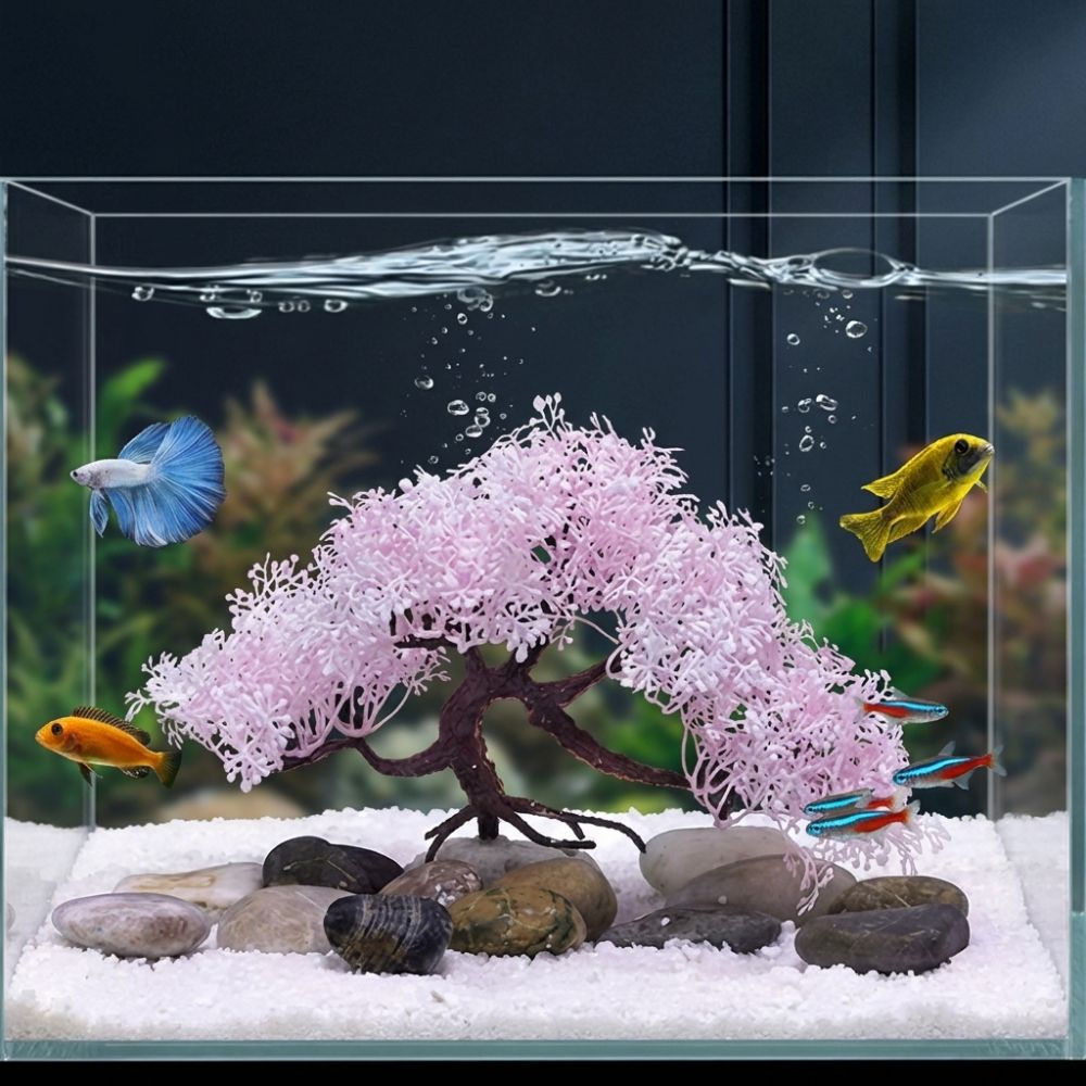 Realistic Aquarium Cherry Blossom Plastic Landscape Tree Fish Tank Ornament  Pet Accessories