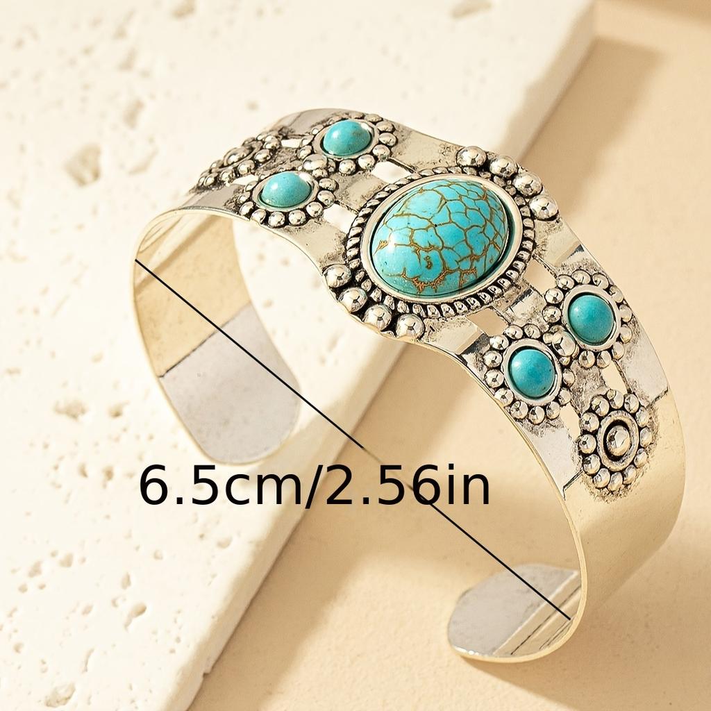 Unique Cuff Bangle Bracelet Alloy Jewelry With Faux Turquoise Inlaid Vintage Bohemian Style Personality Female Hand Jewelry