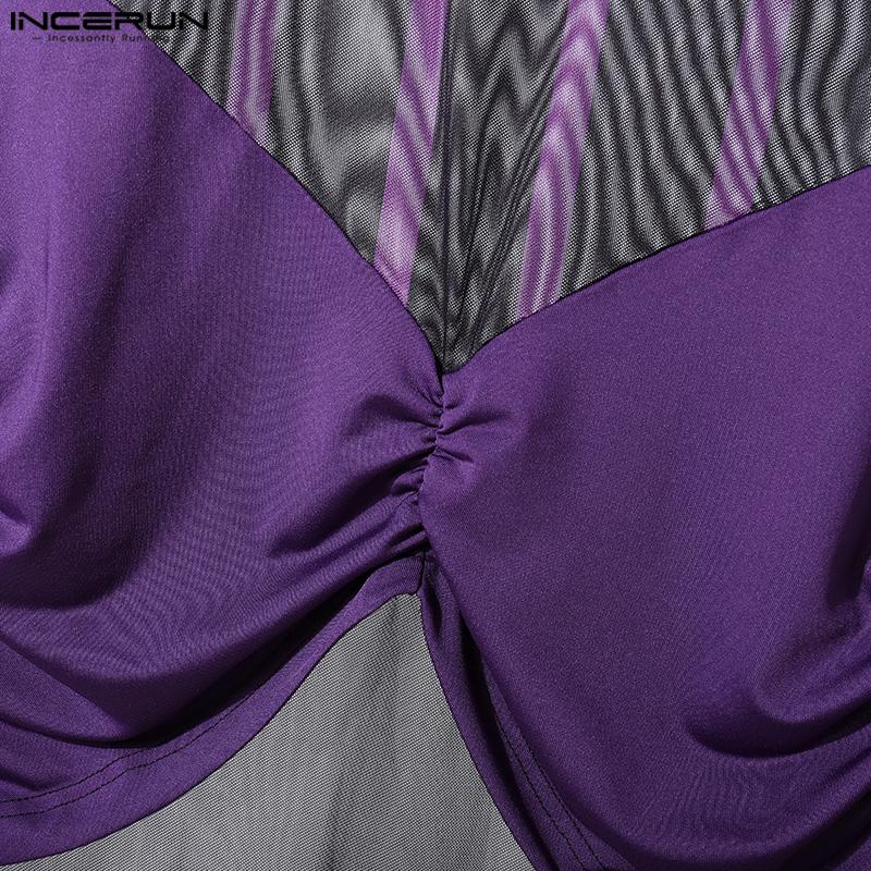 INCERUN Men High Neck Striped Mesh Sheer Stitching Irregular Party Club T-shirts Tops