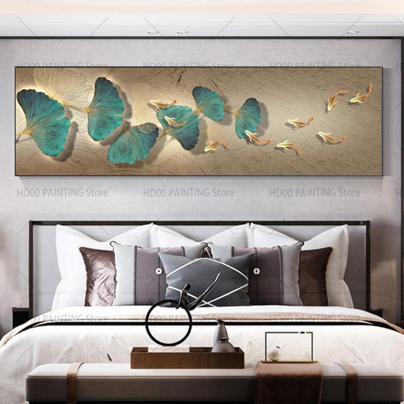 New Chinese Green Ginkgo Biloba Canvas Painting Wall Art Golden Koi Fish Posters Prints for Bedroom Wall Decor No Frame