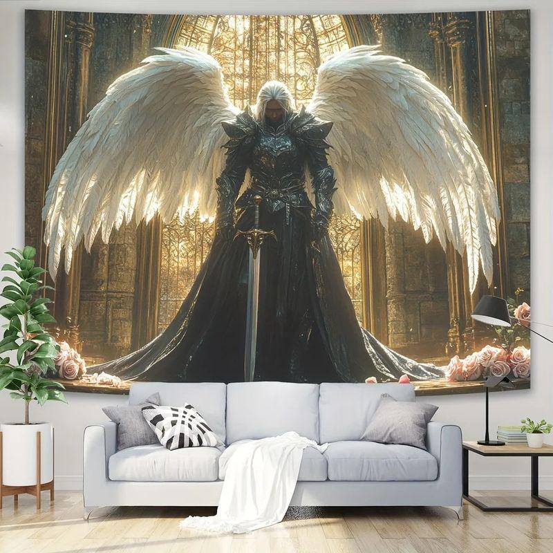 European American Angel Knight Tapestry, Gothic Fantasy Wall Hanging, Aesthetic Living Room Bedroom Office Decor