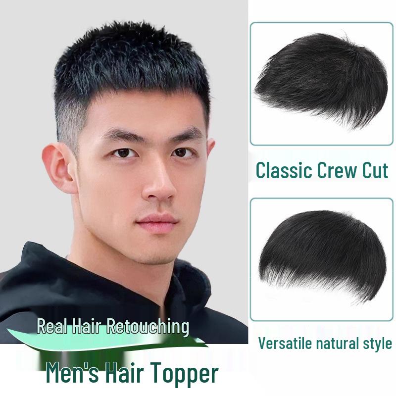 Men's Real Human Hair Short Wig – Invisible Hair Patch, Glue/Clip Option, Trimmed Top Piece