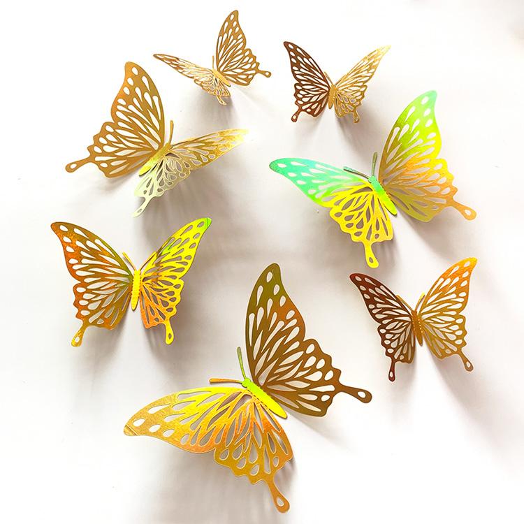 12 Peças Douradas Borboletas Vazadas 3D Adesivos de Parede Para Decoração de Casamento Decalques Sala de Estar Decoração de Casa Borboletas Adesivos de Jardim