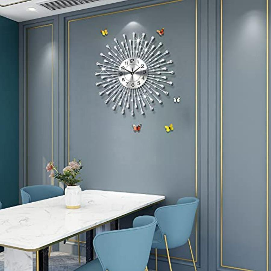 Horloge Murale Ronde en Métal Argenté Moderne de 24 Pouces pour Salon Chambre Bureau Cuisine Décoration de Maison Fonctionne à Piles Quartz Silencieux