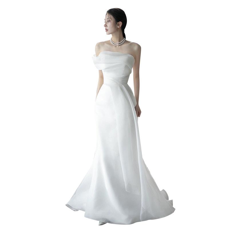 Rochie de mireasă franceză cu un singur cuvânt pe umăr, rochie de mireasă super fairy Mori door, rochie simplă cu temperament, rochie albă, rochie de recepție tip coadă de sirenă