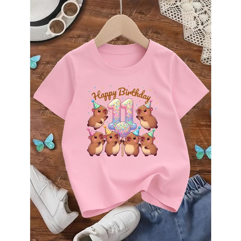 European sizes Girl's Round Neck Short Sleeve Capybara Balloon Birthday Print, Sweet and Cute, Spring/Summer School and Outing Outfit