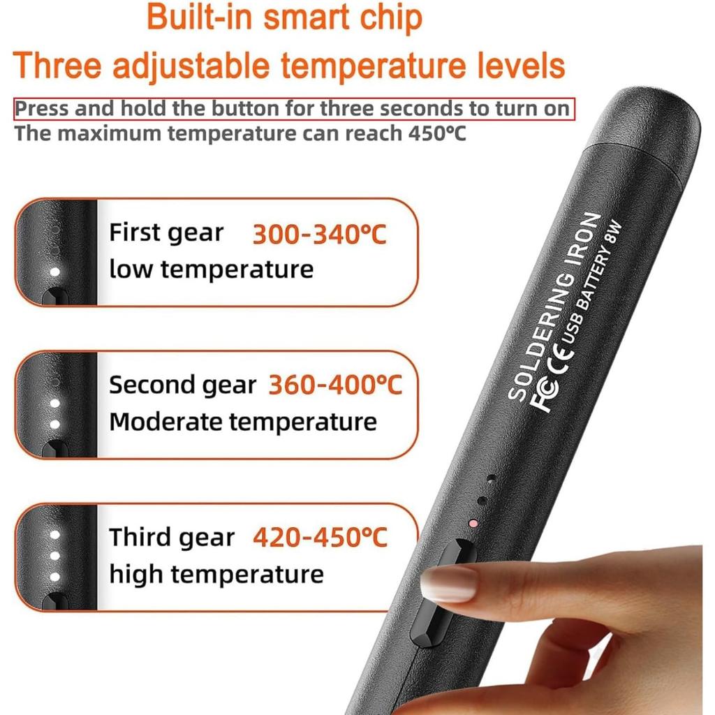 USB Rechargeable Portable Soldering Iron, 3 Speed Adjustable Temperature USB Electric Iron Mini Soldering Iron Kit Grey