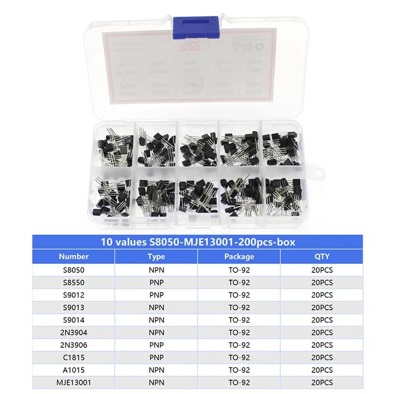 200PCS/Box Transistor Assorted Kit 2N2222 2N3904 2N3906 BC337 BC547 BC557 S8050 S8550 10 values PNP NPN Transistors Triode TO92