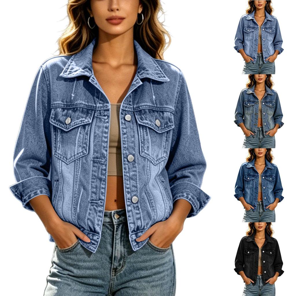 Women's Casual Long Sleeve Denim Jacket with Button Front, Lapel Collar and Multiple Pockets