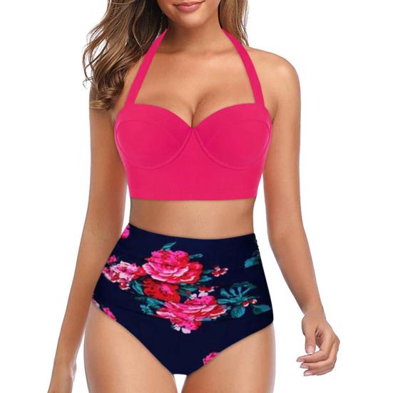 Padded Wire Free Two Piece Bikini Set Halter Bra Sunflower Print Briefs Swimwear for Beach