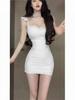 Summer Pink Lace Slim Waist Dress with Square Neck