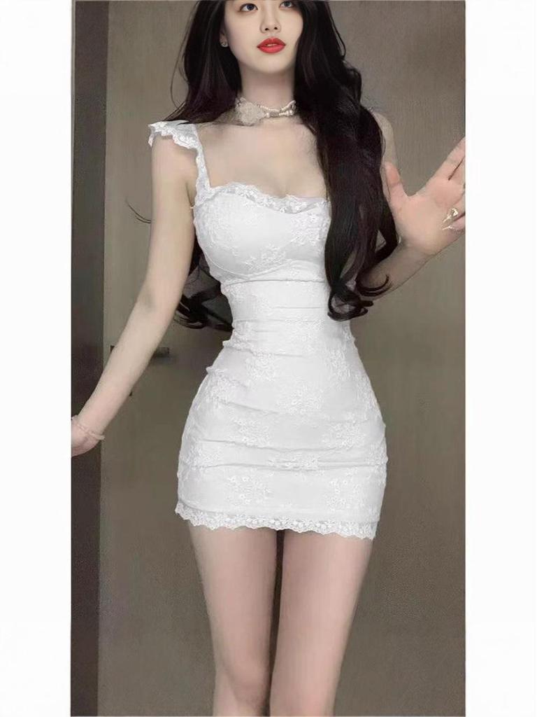 Summer Pink Lace Slim Waist Dress with Square Neck