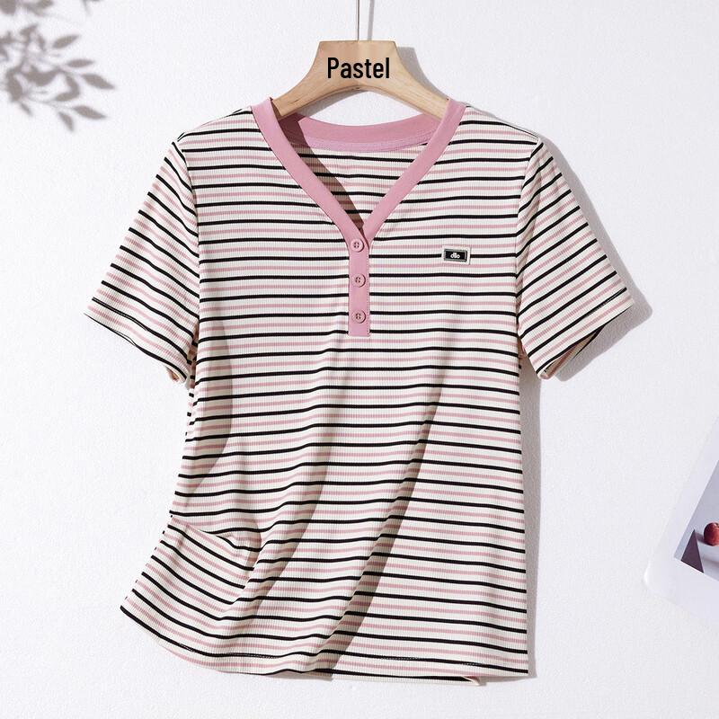 Pastt Women s Summer V-Neck Striped Slimming T-Shirt L