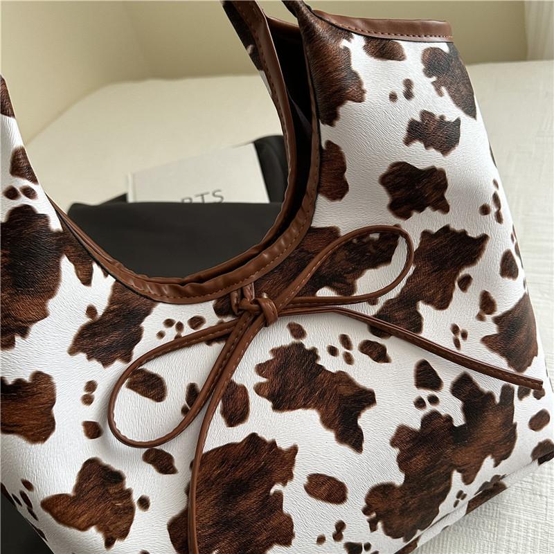 Vintage Cow Print Tote Bag For Women, Bow Decor, Large Capacity Daily Commute Shoulder Bag