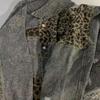 GMXIA Herbst Winter Jeansjacke Damen Langarm Jeansjacke Damen Leopardenmuster Patchwork