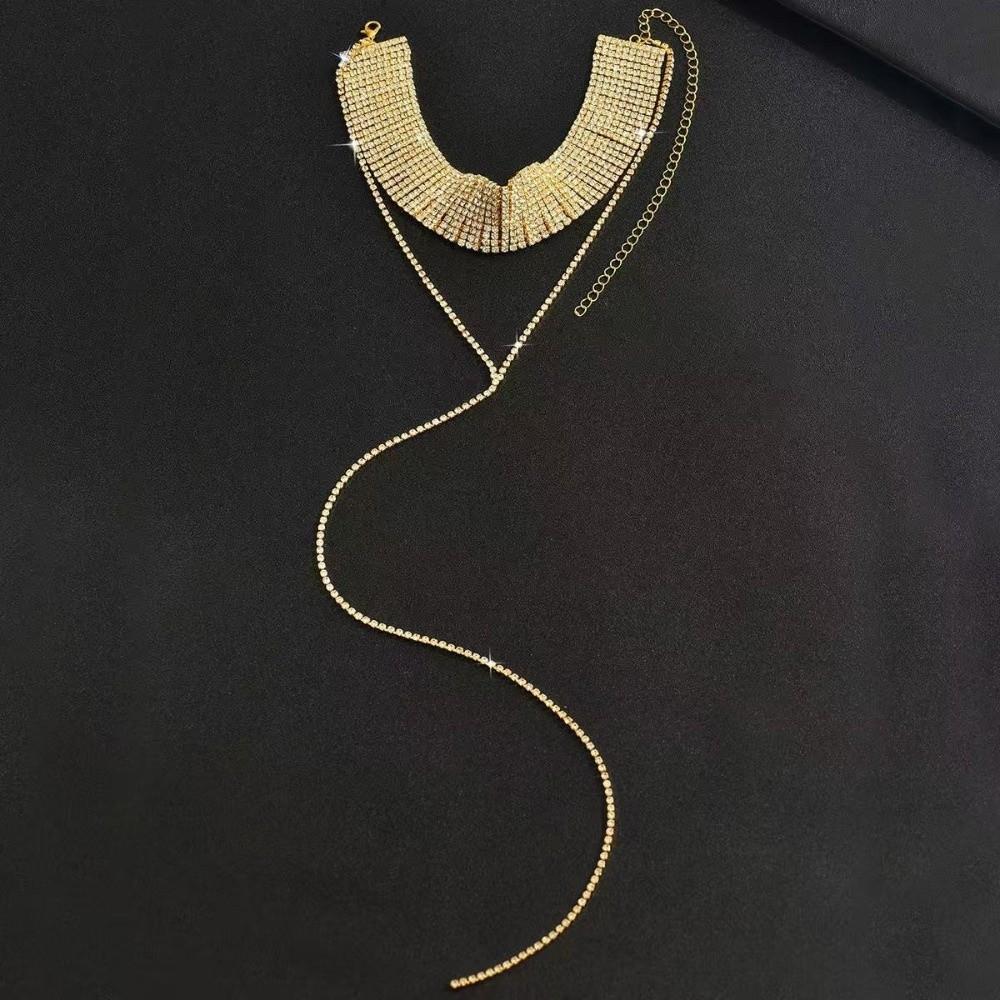 Gold Rhinestone Necklace Y-shaped Long Choker Elegant Multi-Layer Necklace  Women