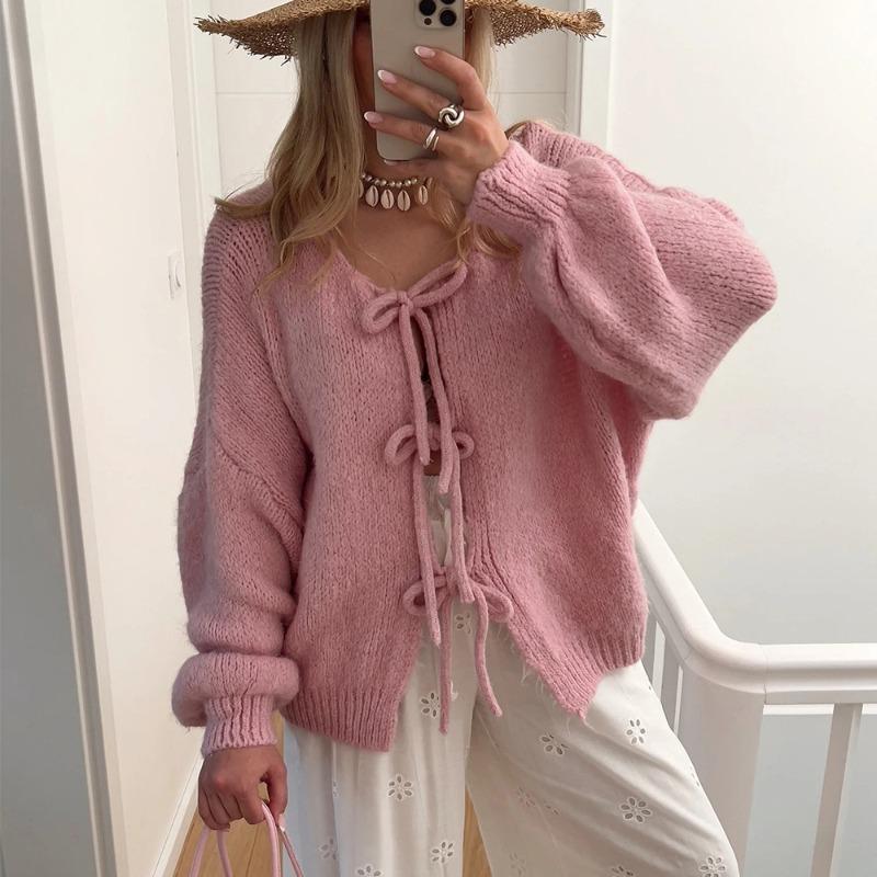 Autumn and winter women's new sweater loose lace-up cardigan knitted bow top coat