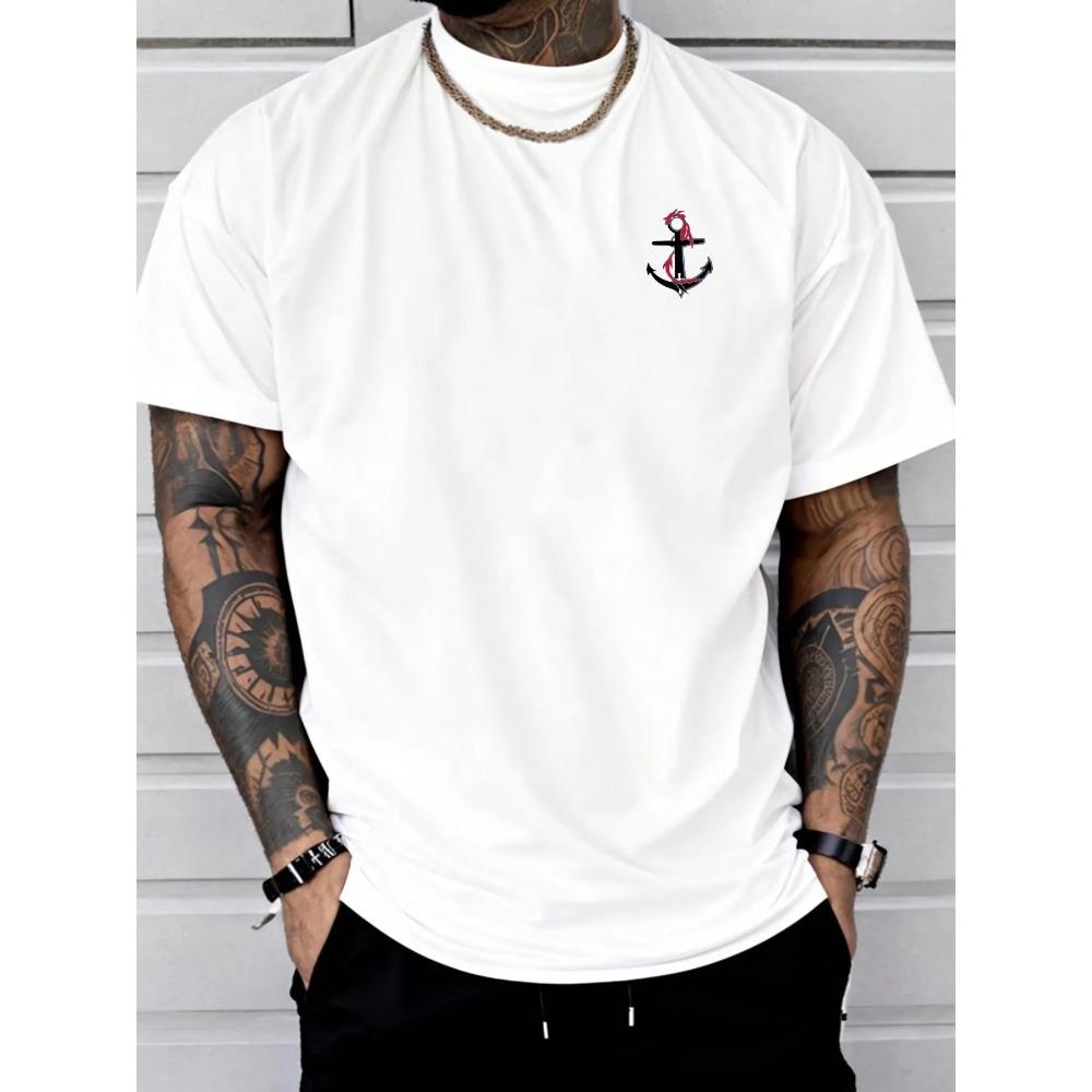 Men's Summer Cotton Fashionable Sports Dragon and Boat Anchor Pattern Printed Round Neck Short Sleeved T-shirt