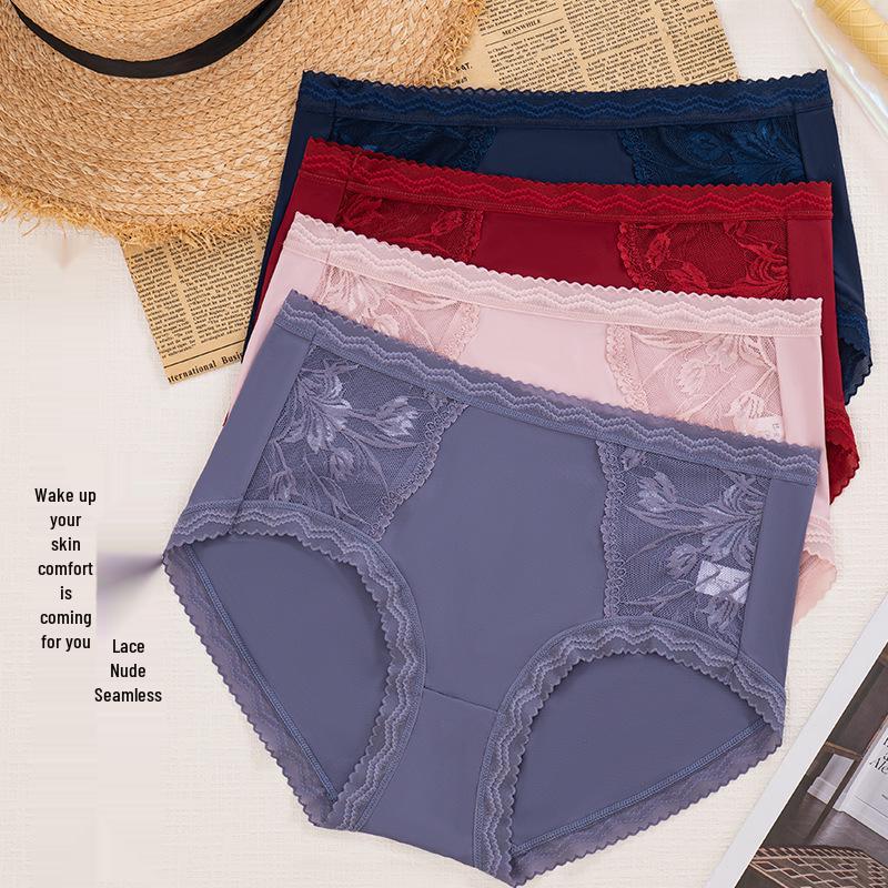 Women's Summer Ice Silk Mid-Waist Lace Panties - Breathable, Seamless, Comfortable with Antibacterial Cotton Crotch