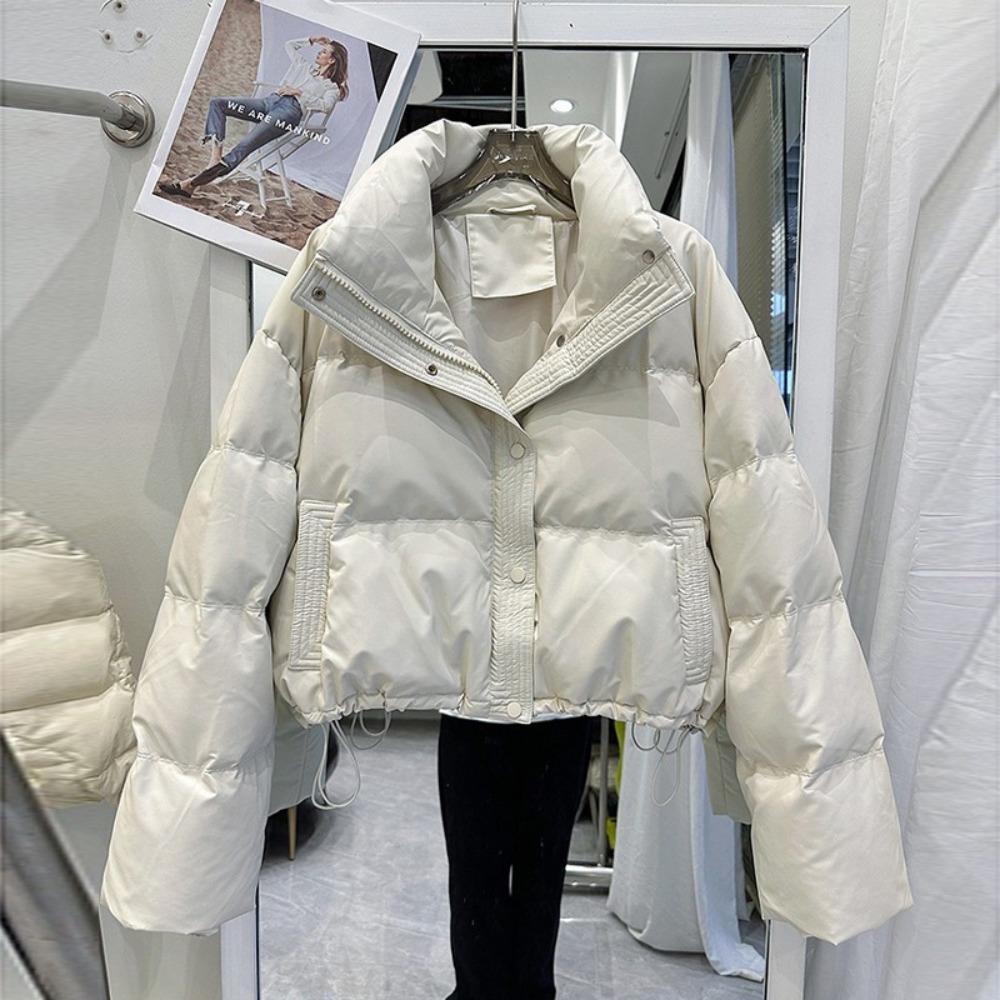 Women's Stand Collar Long Sleeve Cropped Jacket Loose Fit Casual Puffer Coat Winter Warm Outerwear