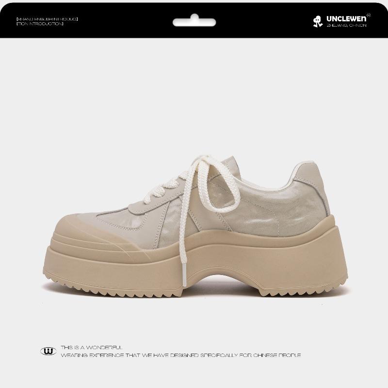 Leather muffin platform casual shoes women's autumn new trendy sports heightening lace-up versatile white shoes