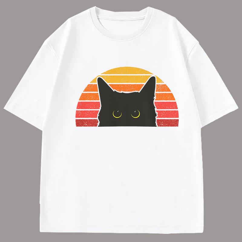 Black Cat Summer Sport Jogging Shirt Vintage Retro T-Shirt Vintage Cat Owner Funny Cat Face Short Sleeves Halloween Shirt