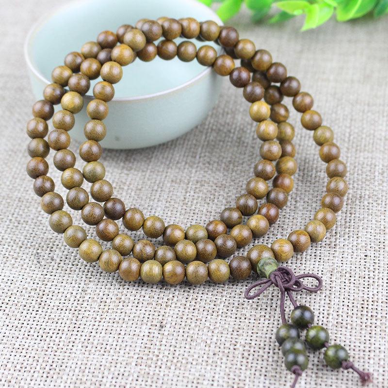 Golden Sandalwood Buddhist Prayer Beads Bracelet - 108 Beads, Wooden Wenwan Ornaments for Men, Women, Couples