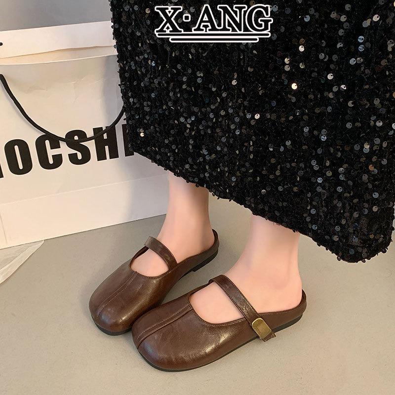 Leather Mary Jane shoes with soft soles are not tired of feet, women's shoes bag head half slippers, summer wear new models with skirts, lazy shoes