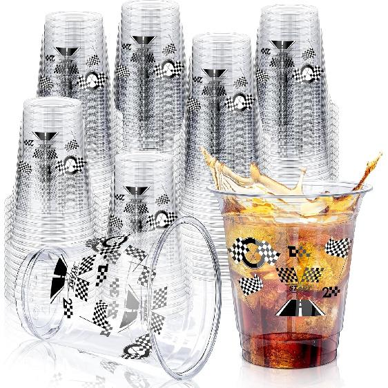Uiifan 50 Pcs Race Car Cups Checkered Cups Bulk 12 Oz Checkered Flag Party Supplies Disposable Plastic Cups with Lids Racing Cups for Race Car