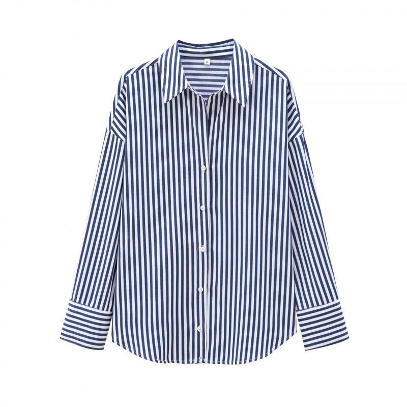 

Женская повседневная свободная рубашка в полоску, однобортная блузка с длинным рукавом, весенние простые контрастные топы с лацканами для повседневных поездок на работу S синий