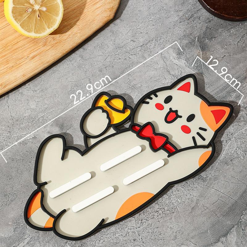 Cute Lucky Cat Pot Lid Storage Mat, Pot Lid Holder, Countertop Drain Mat, Multi-Functional Tableware Heat Insulation Mat B