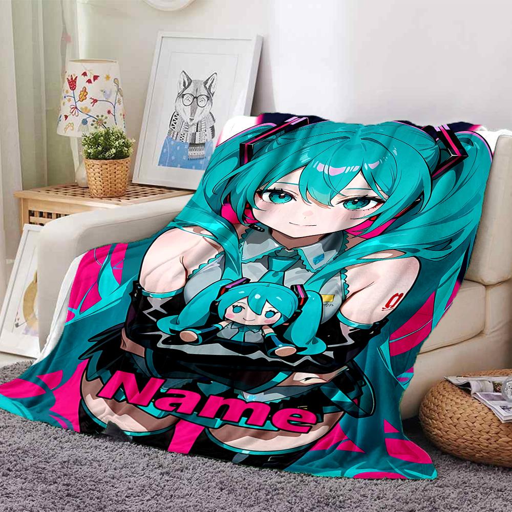 Custom Name Hatsune Miku Theme Printed Blanket - Perfect for Couch, Bed, Travel & Outdoor Use | Machine Washable, Cozy & Durable.