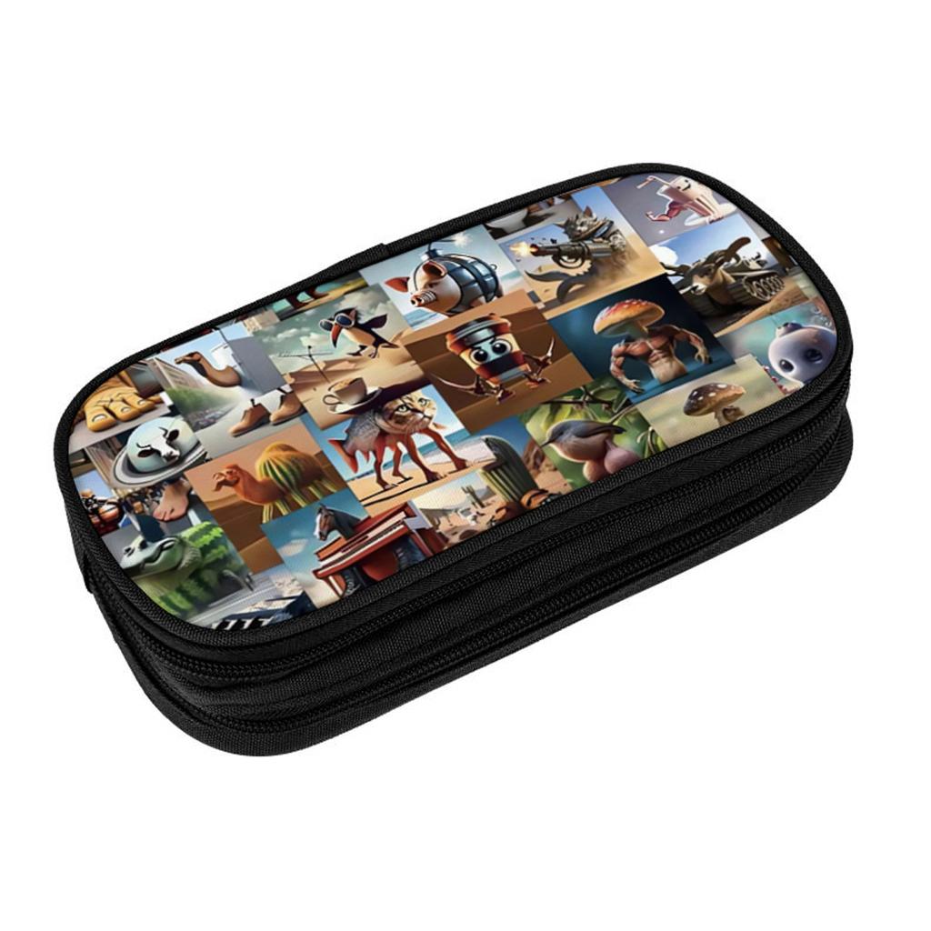 Italian Brainrot Black Multifunctional Double Layered Pen Case For Boy/Girls Best Gift 2D Flat Cartoon Pencil Case For Children