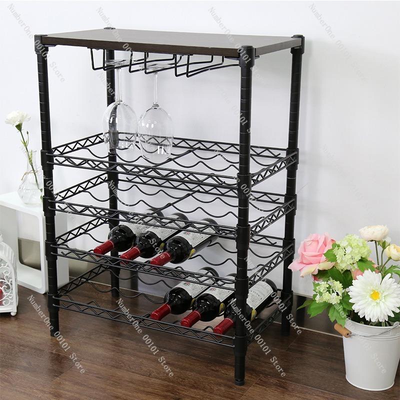 Multi-Layer Red Wine Storage Rack with Hanging Wine Glass Holders, Wooden Top Layer for Display, Elegant Wine Rack Home Bars