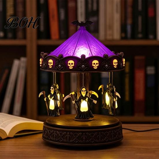 Vintage Bronze Style Lamp Halloween Ghost Carousel Lights, Gothic Stained Glass Night Light with Retro Copper Study Room Base, USB Rechargeable
