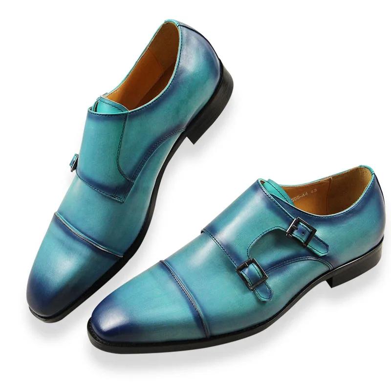 Fashion Deluex Monk Strap Penny Shoes High Quality Handmade Slip-On Loafers Office Business Fashion Skyblue Men's Shoes Genuine Leather