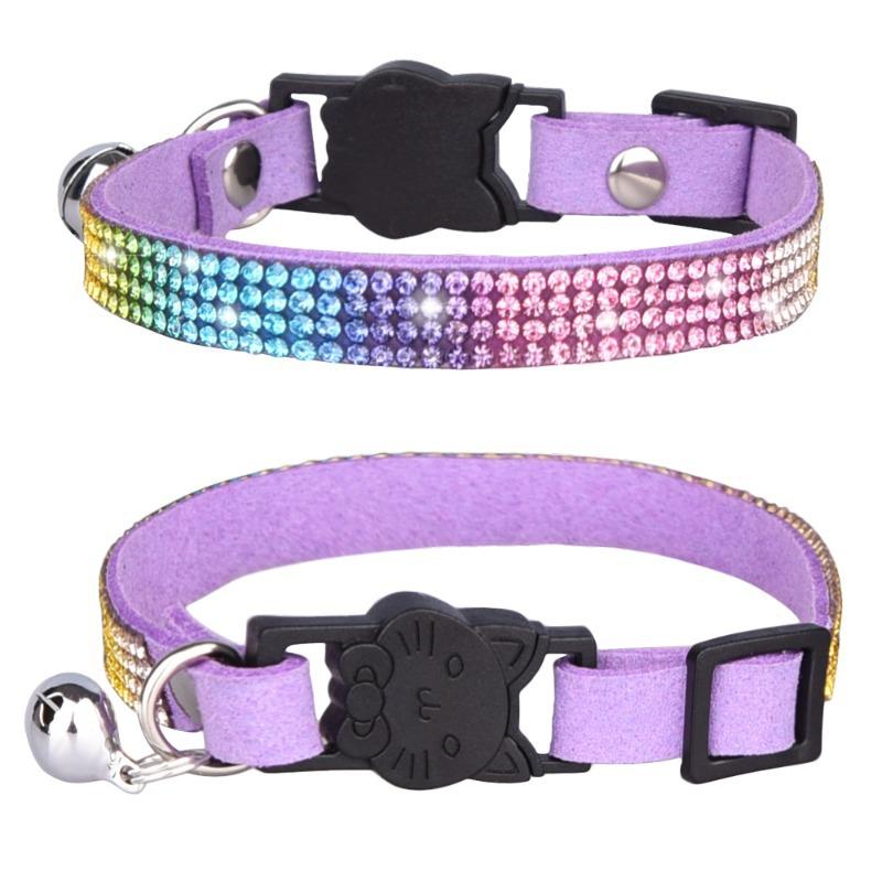 Pet Collar Shiny Rhinestone Color Anti-bridle Suede Soft and Comfortable Bell Style Cat Leash Collar