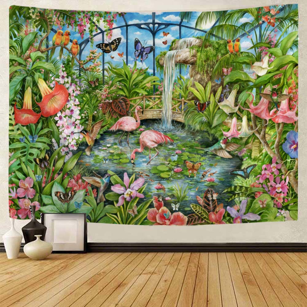 Bohemian Tropical Plant Flamingo Tapestry Wall Hanging Aesthetic Art Decor Blanket Home Background Bed Sheet Fabric