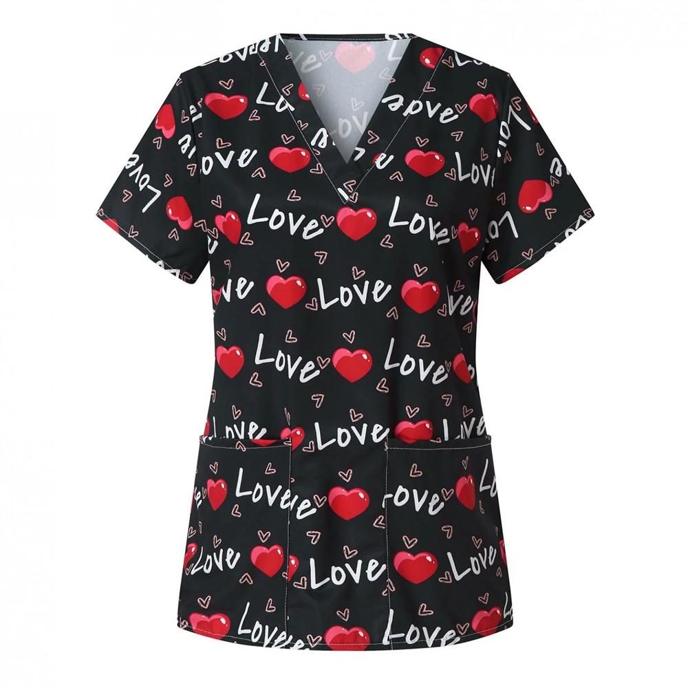 Uniforms Women Medical Elegant Heart Print Obstetrics Medico Top Fashion V-Neck Short Sleeve with Pocket Clinical Uniforms Woman