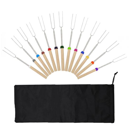 Telescopic BBQ Fork Stainless Steel U-shaped Kabob Skewers Extendable Marshmallow Hot Dog Roasting Sticks for Campfire Picnic Outdoor Cooking
