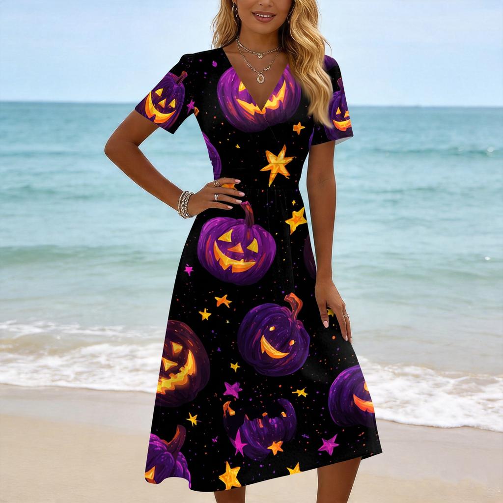 Womens Casual V Neck Short Sleeve Dress Halloween Print Midi Dress Comfortable Fit Lightweight Fabric Suitable for Daily Wear